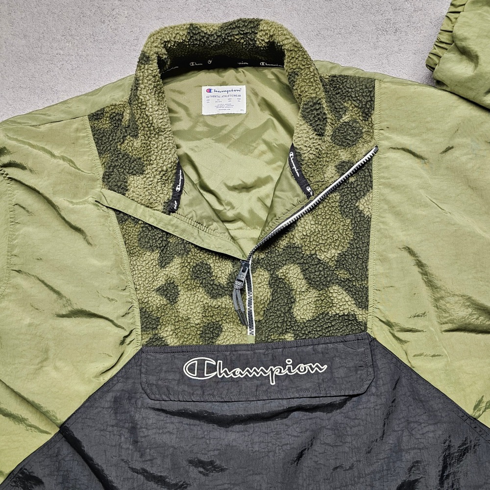 Champion Mens 2XL Anorak Windbreaker Olive Green Black Camo Quarter Zip V7405 - Picture 4 of 14